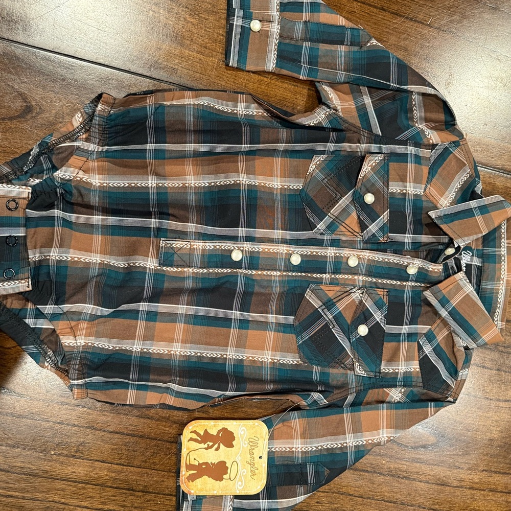 Wrangler Kids Plaid Button-Down Onsie - Blue and Brown